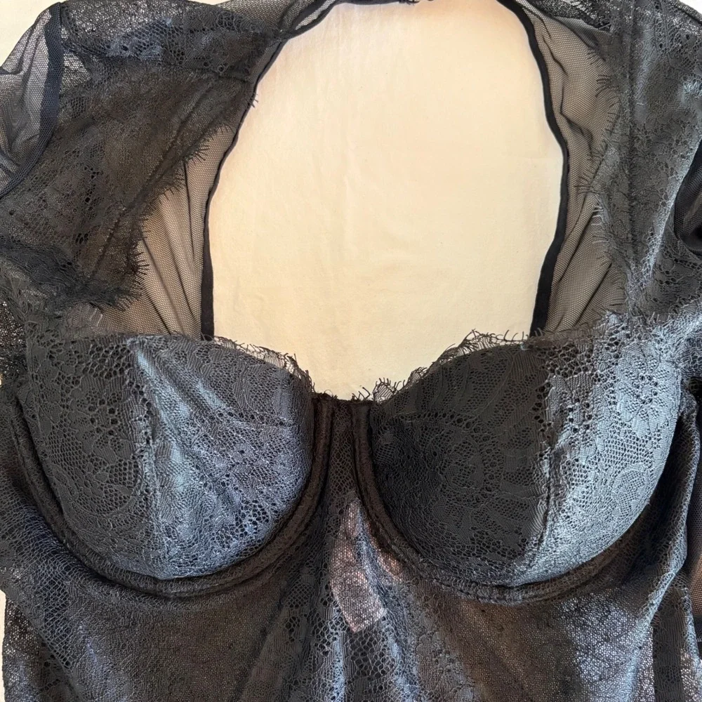 Victoria's Secret NEW Black Mesh & Lace Long Sleeve Corset Thong‎ Bodysuit 34B